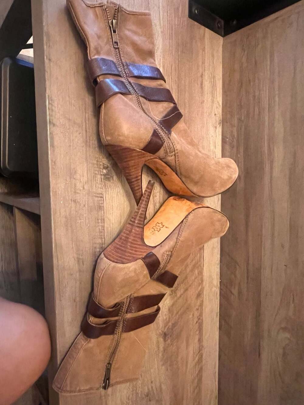 Vero Cuio Taupe Suede and Brown Leather High Heel Boots with Straps Size 7.5